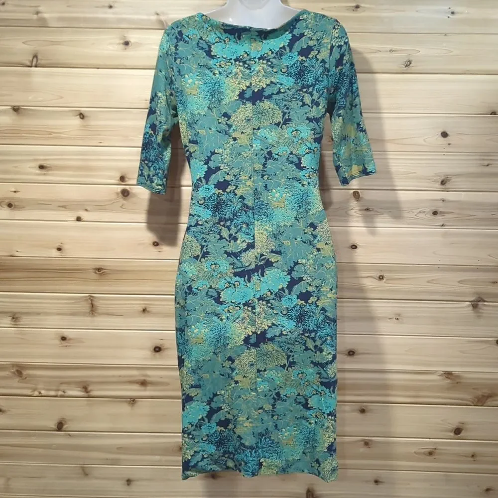 Peruvian Connection Dress Womens‎ XS Blue Green Pima Cotton Shift Midi